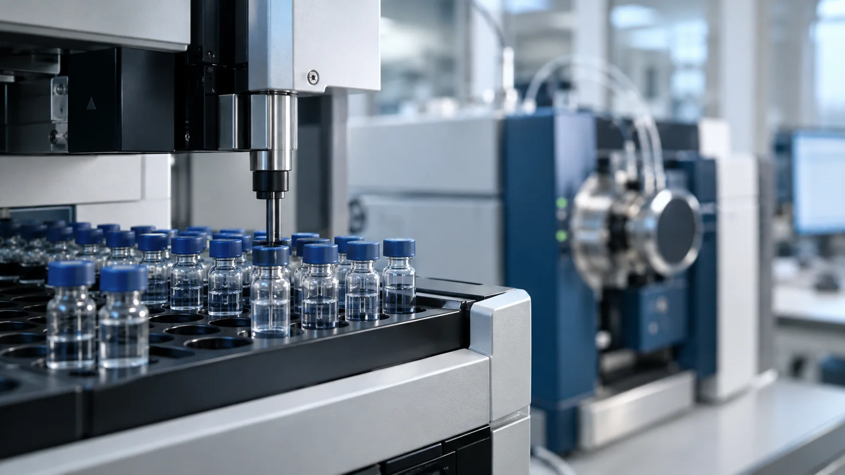 Illustrative chromatography autosampler with analytical sample vials and laboratory instrumentation