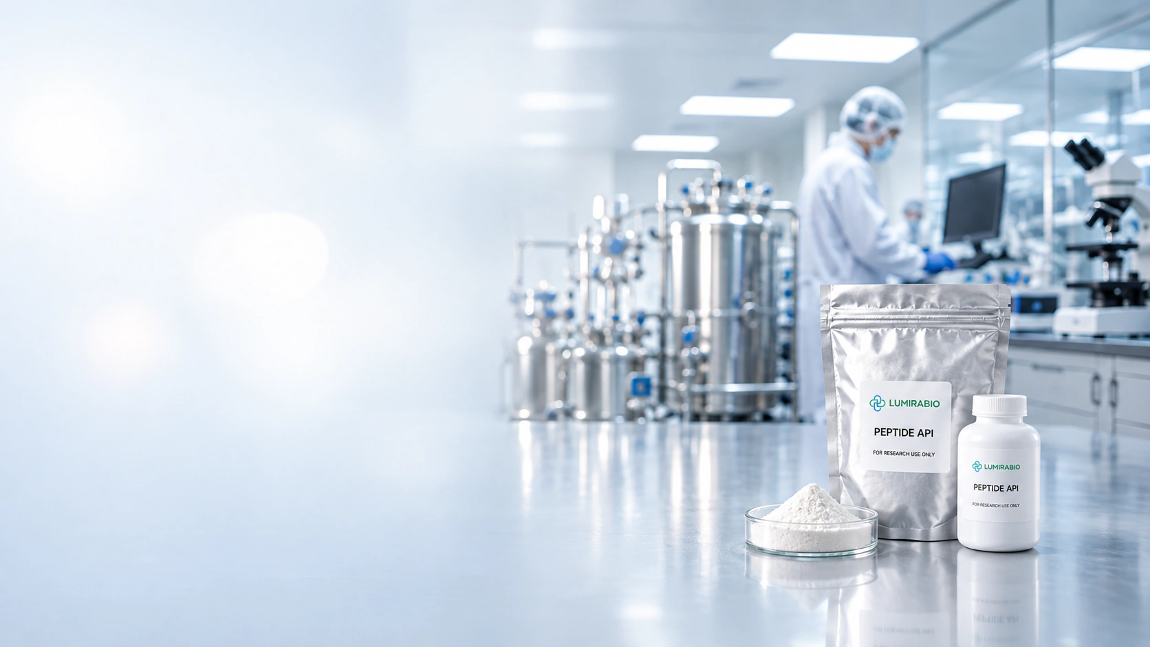LUMIRABIO peptide API packaging and powder in a bright analytical laboratory